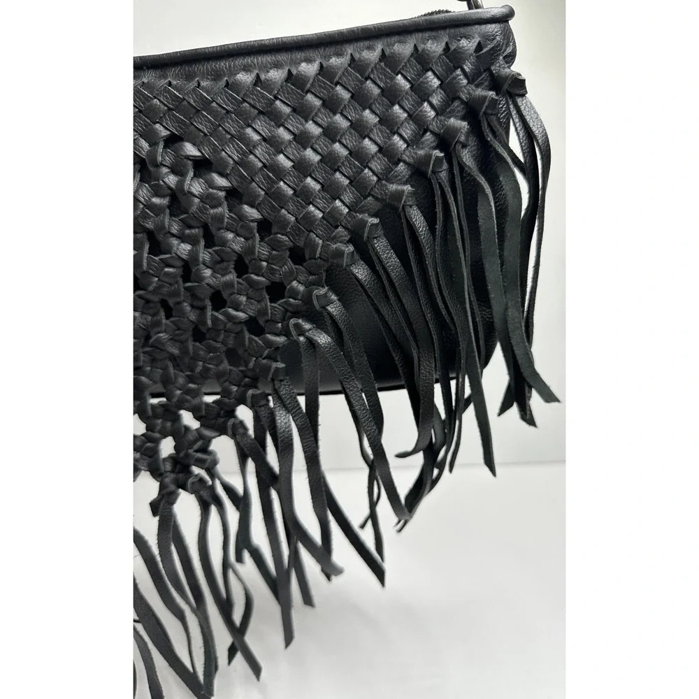 The Sak Filmore Purse Fringe Woven Black Leather Crossbody Clutch - Picture 4 of 16